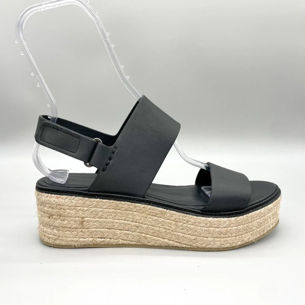 Vince Womens 10M Janet Espadrille Platform Sandals Black Leather Jute Wedge Boho